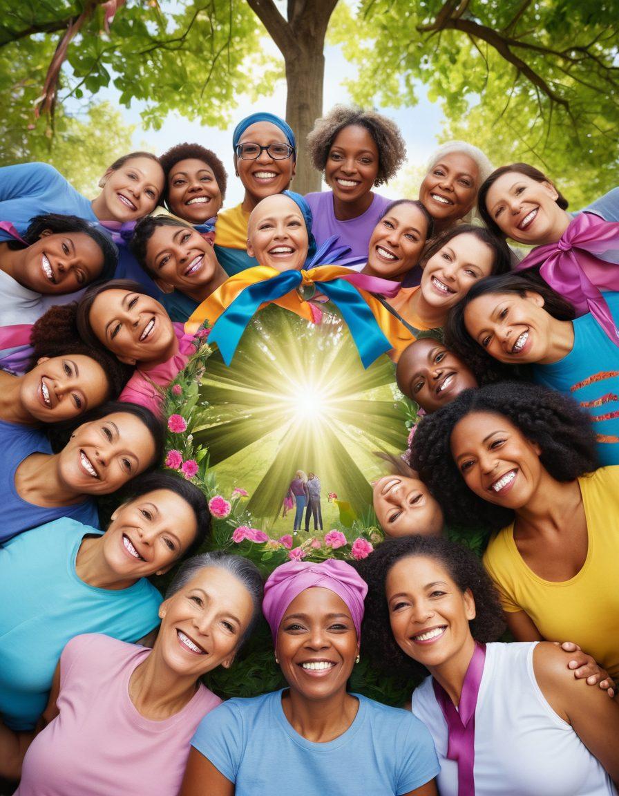 A diverse group of cancer survivors gathered in a supportive circle, sharing stories and laughter, with colorful ribbons symbolizing different types of cancer in the background. Include elements of nature like trees and flowers to represent healing, and highlight expressions of hope and resilience on their faces. The image should evoke feelings of community and empowerment. vibrant colors. super-realistic.